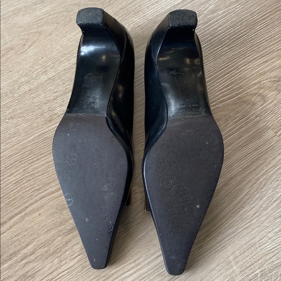 Sergio Rossi Black Leather Pumps Gold Buckle Square Toe Heels Classic Designer - Picture 10 of 13